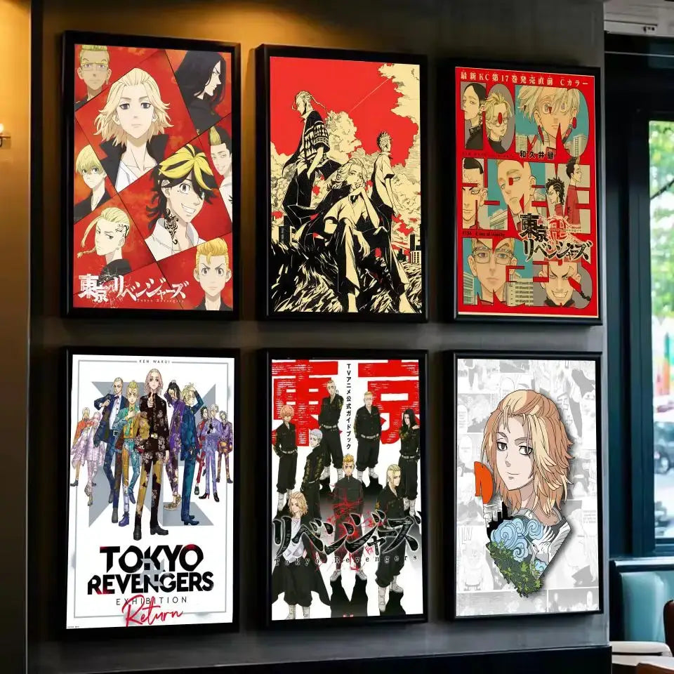 Six red tokyo revengers mikey paper wall art stickers with black and white illustrations for wall decoration