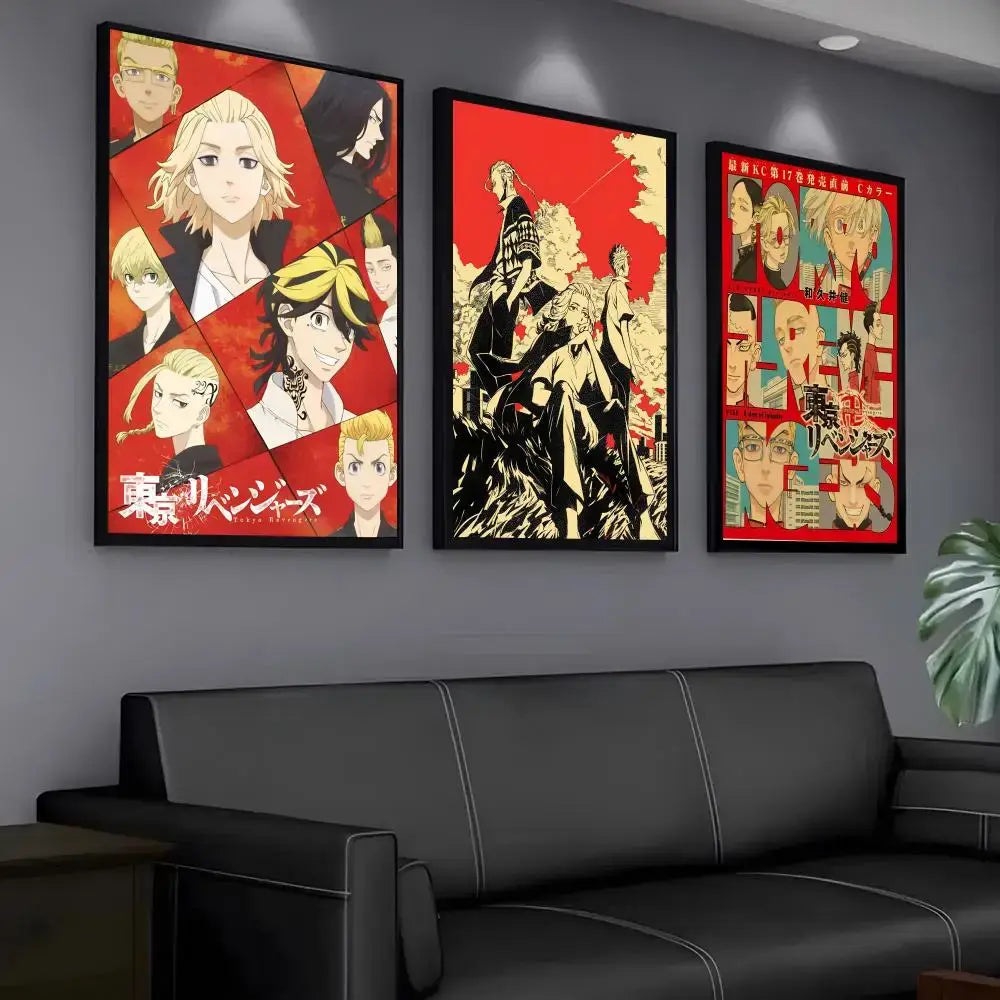 Three framed tokyo revengers mikey paper wall art stickers in bold red and black hang above a black leather sofa