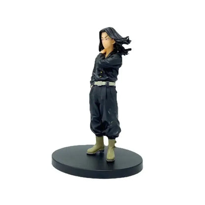 Black plastic tokyo revengers mikey pvc figure with long dark hair in black jacket and pants standing on circular base