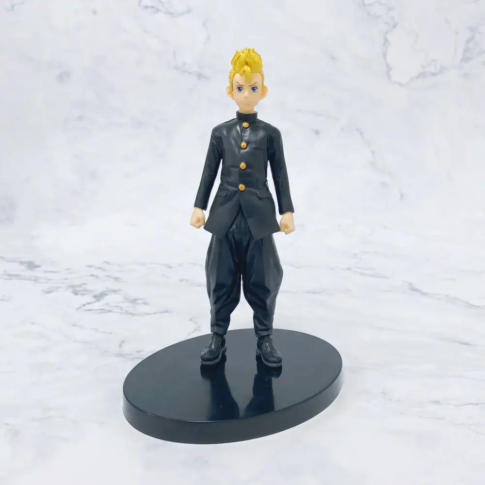 Black plastic tokyo revengers mikey pvc figure with spiky blonde hair wearing black uniform on circular base
