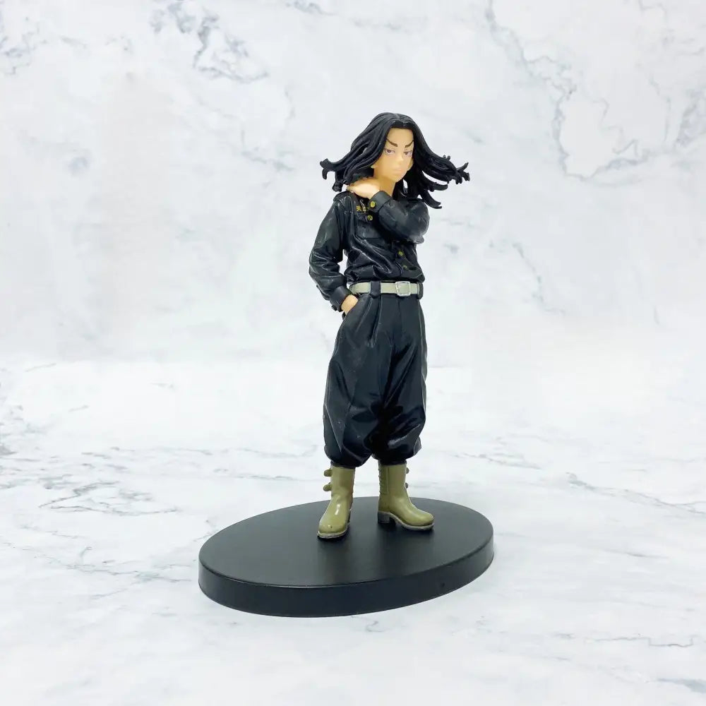 Black tokyo revengers mikey pvc figure with long dark hair wearing black jacket pants and olive green boots 17cm statue