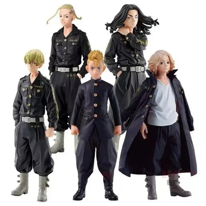 Five detailed black uniformed tokyo revengers pvc anime figurines with distinct hairstyles and accessories, 17cm statue