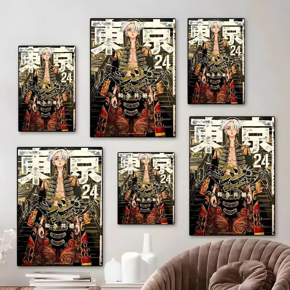 Five tokyo revengers canvas print wall art featuring detailed black and gold armor on red ornate background