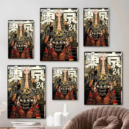 Five tokyo revengers canvas print wall art featuring detailed black and gold armor on red ornate background