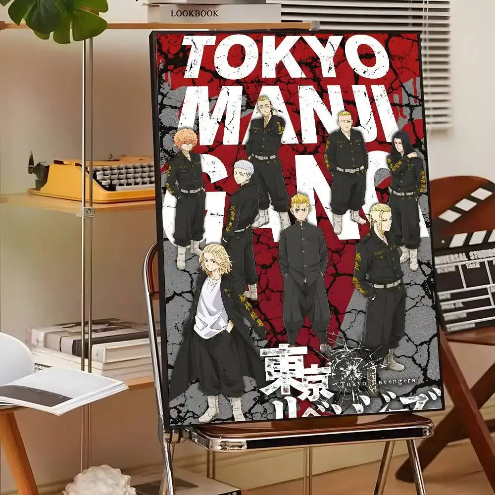 A framed tokyo revengers canvas print with bold white text and characters in black uniforms on red and gray wall art