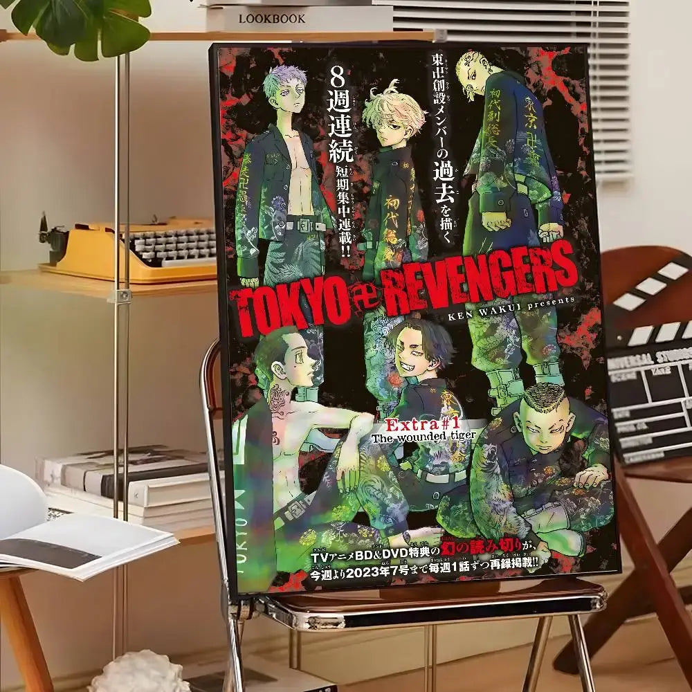 Tokyo Revengers manga volume canvas print featuring six characters in green and black attire with red title for wall art