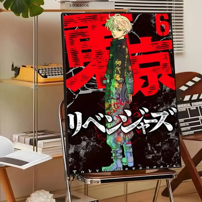 Vibrant red and black tokyo revengers volume 6 canvas print wall art featuring a character in detailed colorful attire
