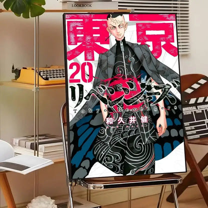 Framed tokyo revengers canvas print wall art featuring black and white tattooed character with bold pink japanese text