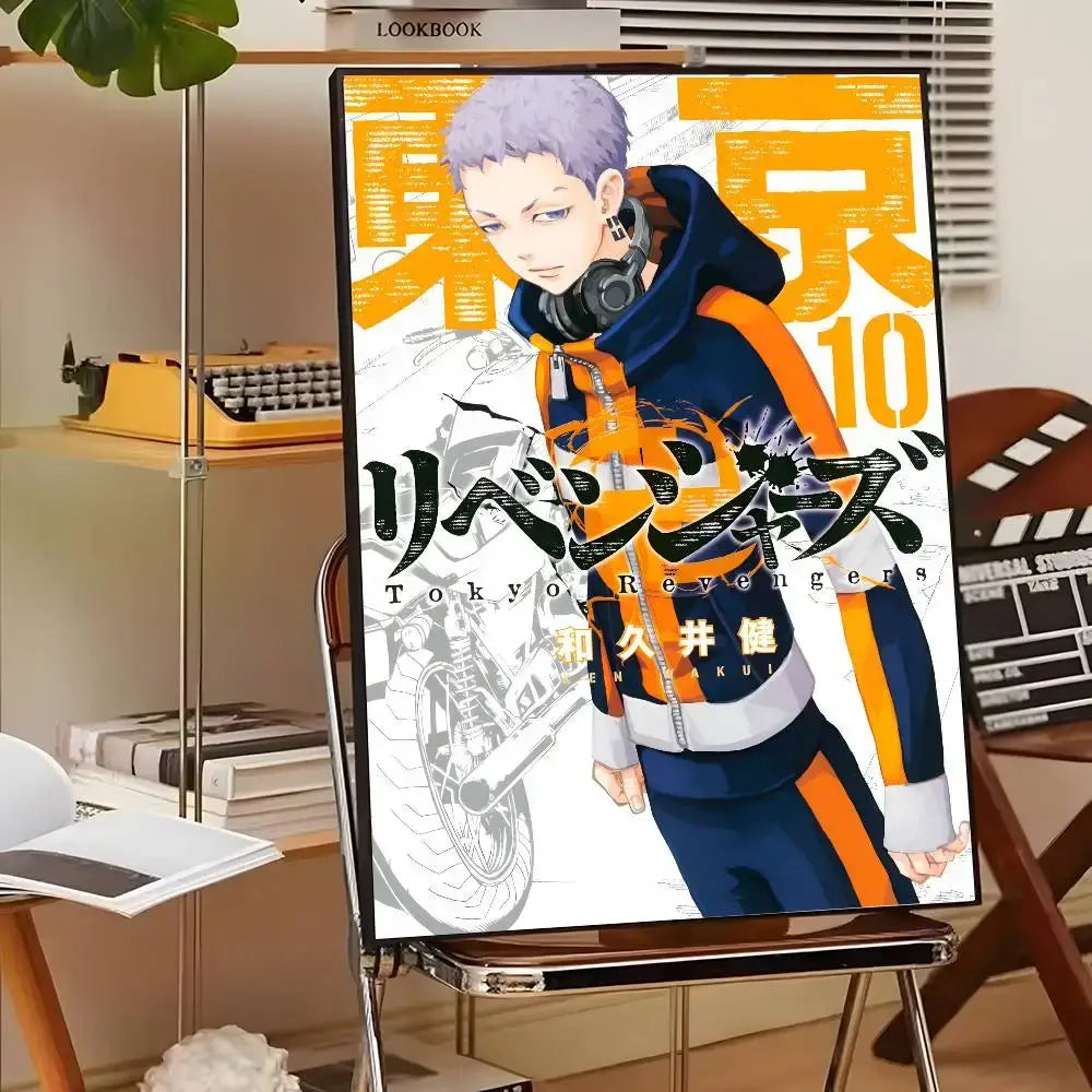 Vibrant tokyo revengers canvas print featuring a character in navy and orange hoodie with headphones wall art display