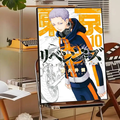 Vibrant tokyo revengers canvas print featuring a character in navy and orange hoodie with headphones wall art display