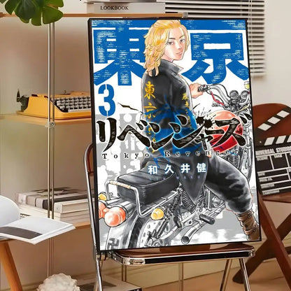 Blue and black tokyo revengers manga volume 3 canvas print with blonde character in black jacket wall art on easel
