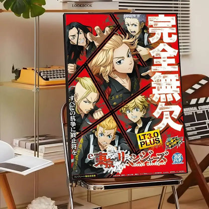Red framed tokyo revengers canvas print wall art with anime characters and bold white japanese text design