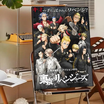 Black and white tokyo revengers canvas print featuring characters in black uniforms with gold accents wall art