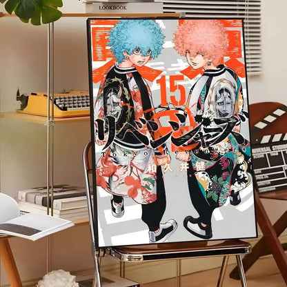 Vibrant Tokyo Revengers canvas print wall art with two characters in blue and pink afro hairstyles and floral jackets