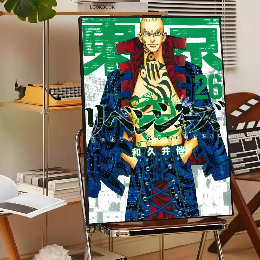 Vibrant tokyo revengers canvas print wall art featuring a character in bold blue and red attire with intricate tattoos