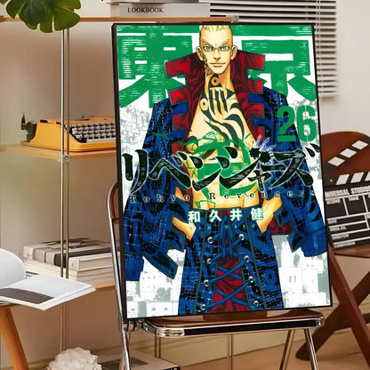 Vibrant tokyo revengers canvas print wall art featuring a character in bold blue and red attire with intricate tattoos