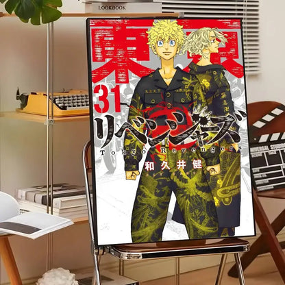 Vibrant tokyo revengers canvas print featuring two characters in green and yellow uniforms on bold red wall art