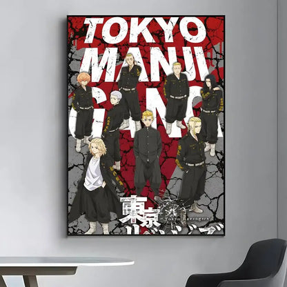 Tokyo revengers poster canvas print featuring bold white text on cracked red gray background wall art with characters in black uniforms