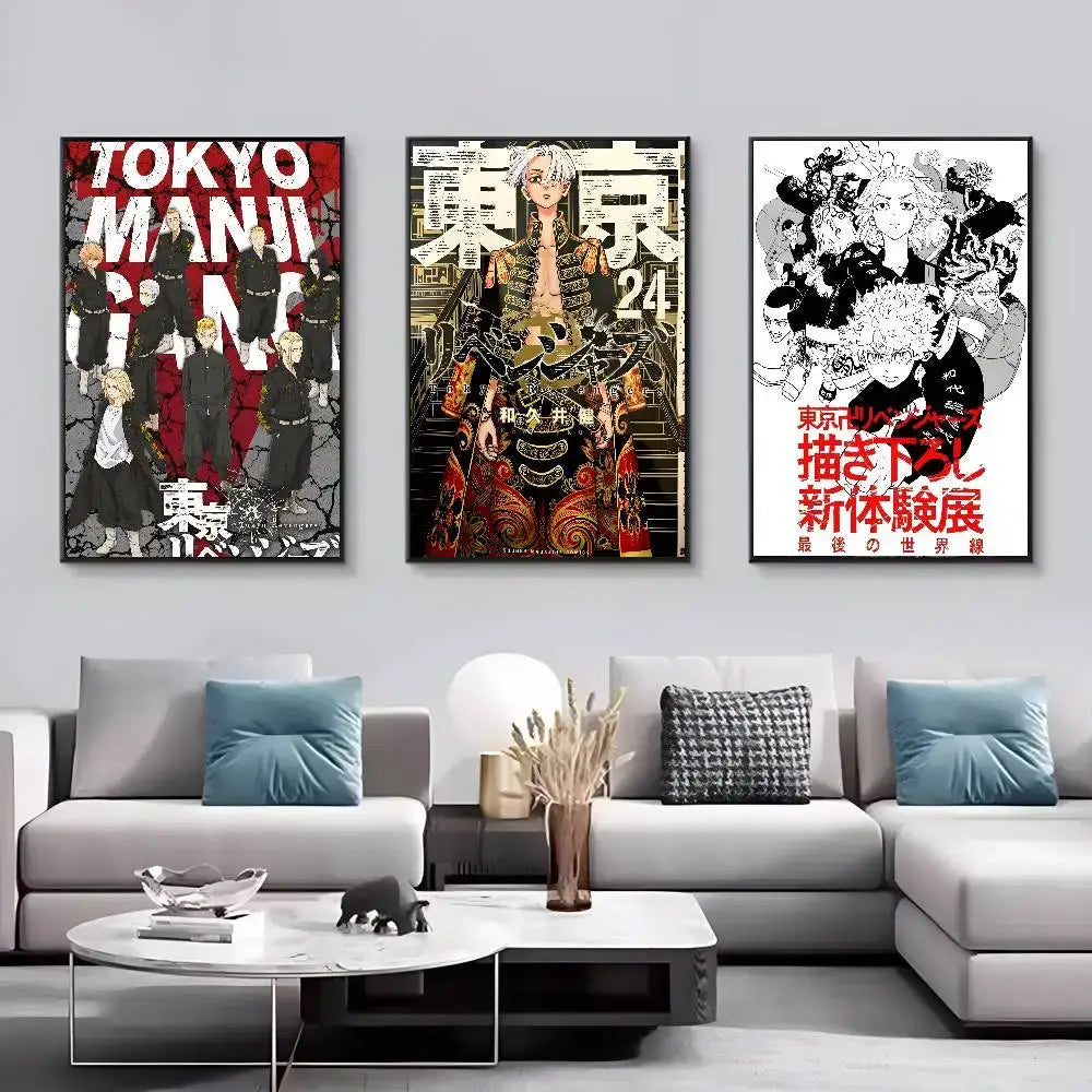 Three framed tokyo ghoul manga canvas prints as hd wall art above a modern gray sectional sofa
