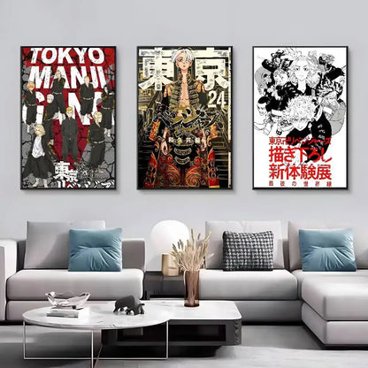 Three framed tokyo ghoul manga canvas prints as hd wall art above a modern gray sectional sofa