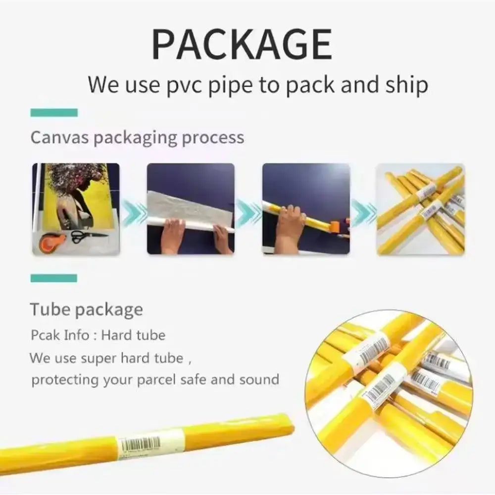 Yellow pvc pipe packaging tubes with white labels and barcode for tokyo revengers canvas print wall art storage
