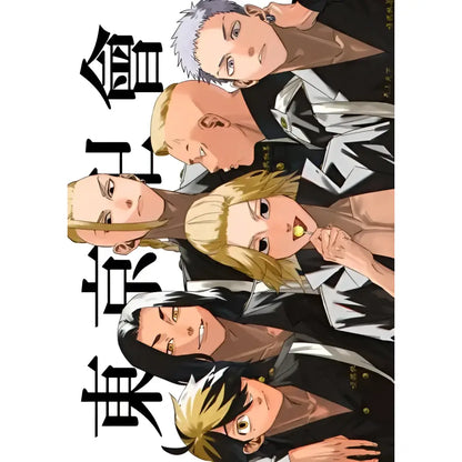 Black and white anime illustration of six characters in matching uniforms on tokyo revengers canvas wall art poster