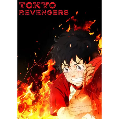 Fiery anime character in red jacket with black hair surrounded by flames on tokyo revengers canvas wall art