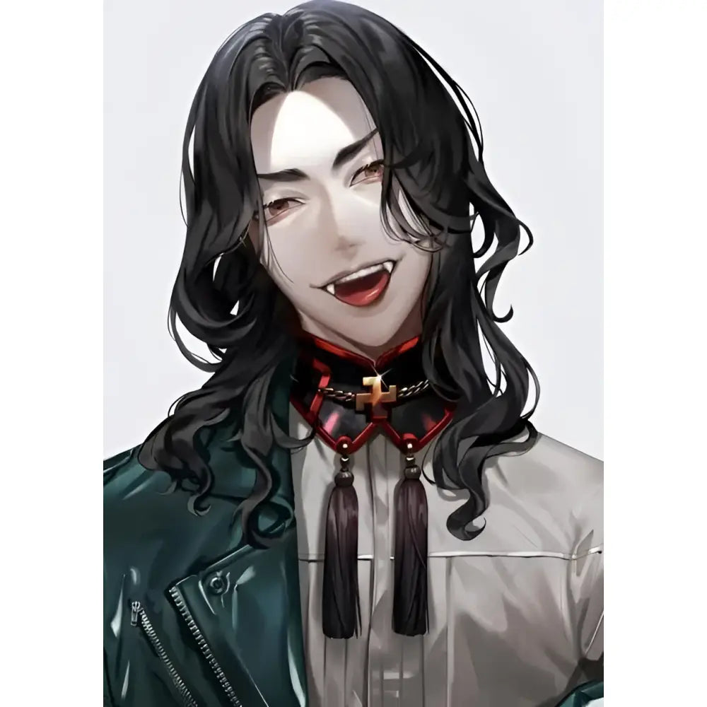 Tokyo revengers canvas wall art featuring a dark green leather jacket with zipper over white shirt and red cross necklace