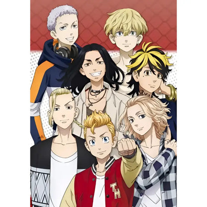 Group of six anime characters with varied hair colors on tokyo revengers canvas wall art for home decor