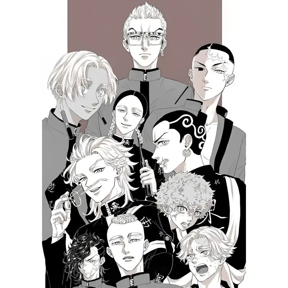 Black-and-white demon slayer anime characters in various poses on tokyo revengers canvas wall art for home decor