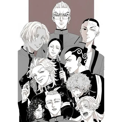Black-and-white demon slayer anime characters in various poses on tokyo revengers canvas wall art for home decor
