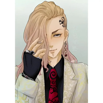 Tokyo Revengers canvas wall art featuring a red tie with black swirling patterns in anime illustration style