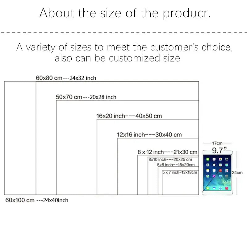 A 9.7-inch tablet with a glossy screen next to size charts for tokyo revengers canvas wall art home decor canvas wall