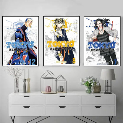 Three framed tokyo revengers canvas wall art with vibrant character art and bold typography for home decor