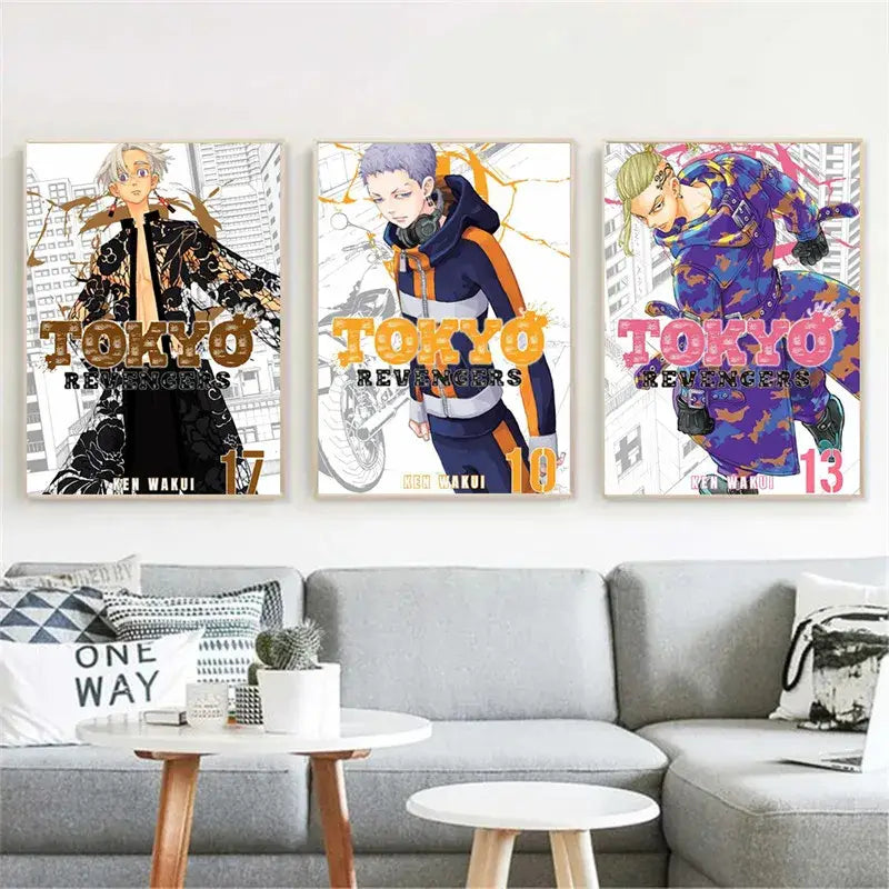 Three framed tokyo revengers canvas wall art with vibrant stylized characters in dynamic urban poses for home decor