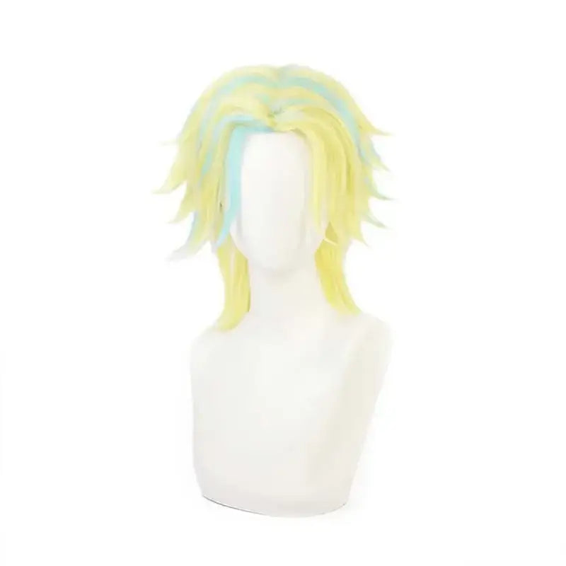 Vibrant spiky yellow and light blue cosplay wig for ran haitani black uniform cosplay suit from tokyo revengers