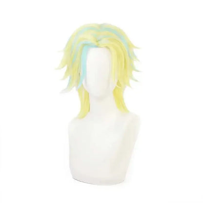 Vibrant spiky yellow and light blue cosplay wig for ran haitani black uniform cosplay suit from tokyo revengers