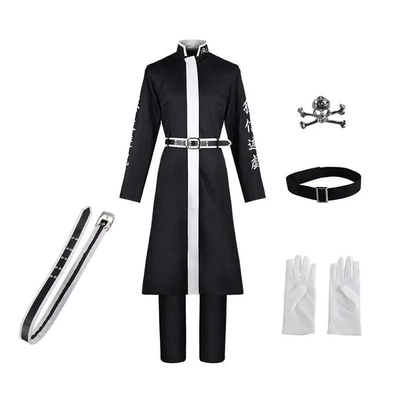 Black and white ran haitani cosplay suit featuring long coat with white stripe, black pants, gloves, skull pin, and two belts