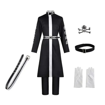 Black and white ran haitani cosplay suit featuring long coat with white stripe, black pants, gloves, skull pin, and two belts