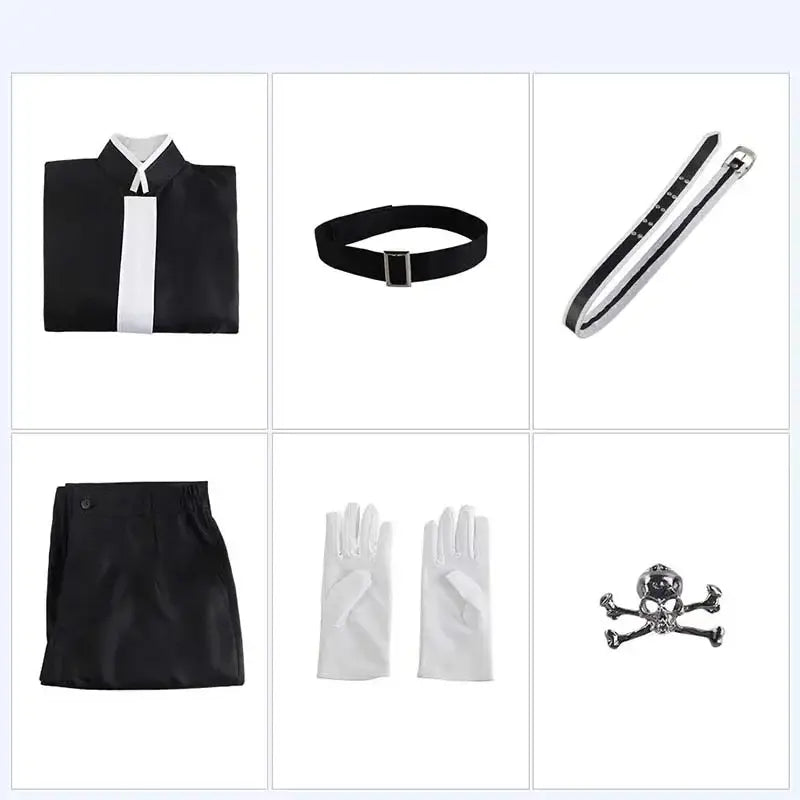 Black and white collared shirt with vertical white stripe from tokyo revengers ran haitani black uniform cosplay suit