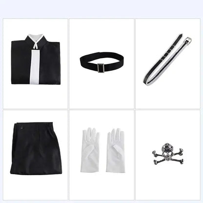 Black and white collared shirt with vertical white stripe from tokyo revengers ran haitani black uniform cosplay suit