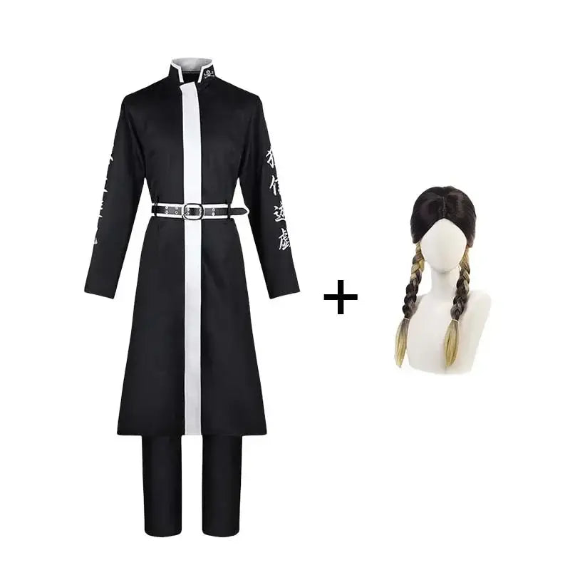 Ran haitani black uniform from tokyo revengers featuring white front stripe embroidered sleeves and matching braided wig