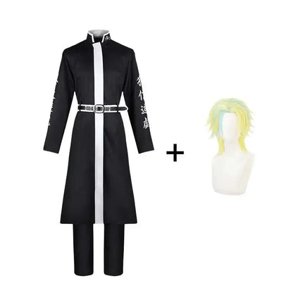 Black and white tokyo revengers ran haitani cosplay suit with embroidered kanji sleeves and gradient yellow-green wig