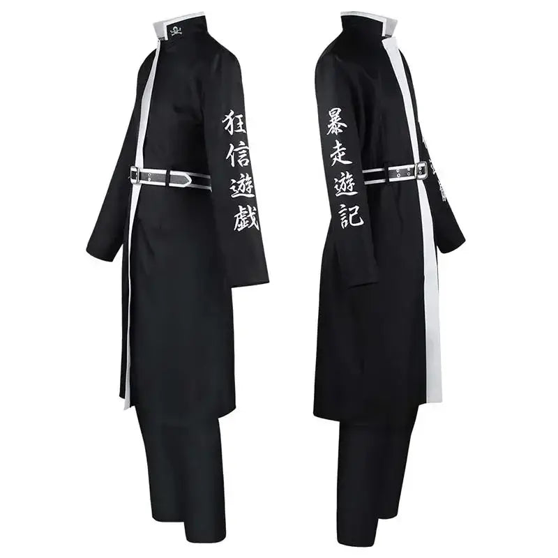 Black ran haitani cosplay suit with white vertical stripe, chinese characters on sleeves, and silver-toned belt