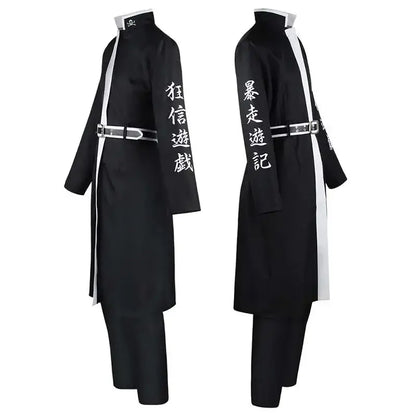Black ran haitani cosplay suit with white vertical stripe, chinese characters on sleeves, and silver-toned belt