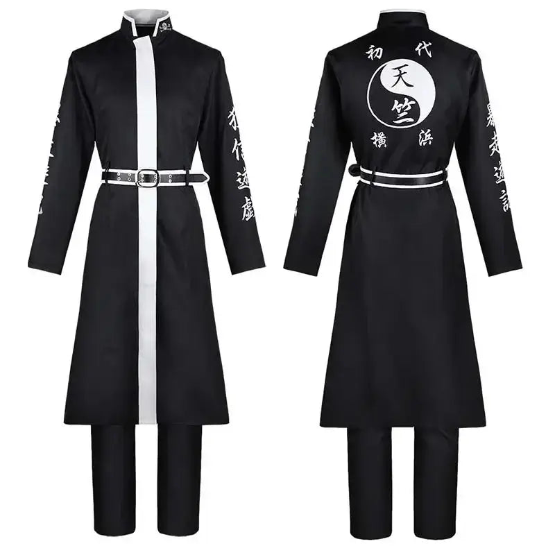 Back view of ran haitani black uniform cosplay suit with white stripe yin yang symbol and embroidered japanese sleeves