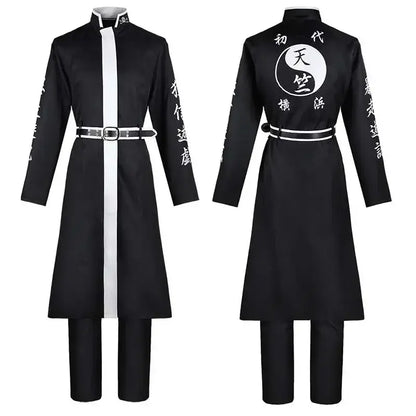 Back view of ran haitani black uniform cosplay suit with white stripe yin yang symbol and embroidered japanese sleeves
