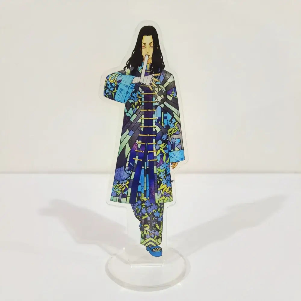 Translucent acrylic standee of ran rindo haitani in a blue and purple stained-glass coat from tokyo revengers