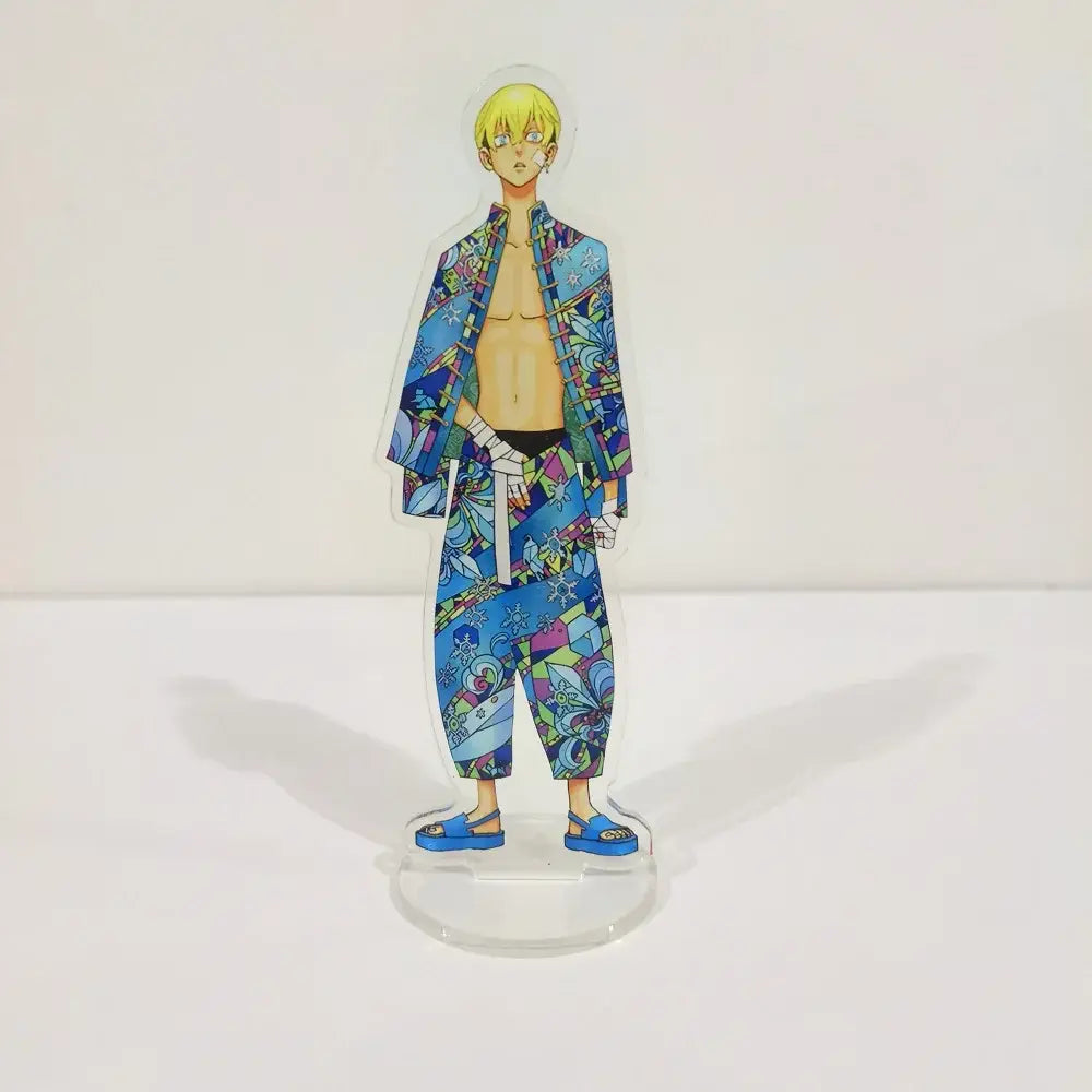 Clear acrylic stand featuring ran rindo haitani in vibrant blue robe and sandals from tokyo revengers, 15cm acrylic