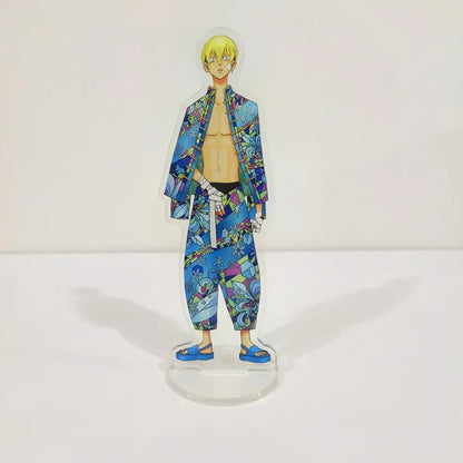 Clear acrylic stand featuring ran rindo haitani in vibrant blue robe and sandals from tokyo revengers, 15cm acrylic